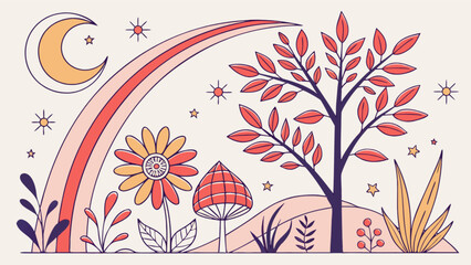 Retro illustration of nature landscape with rainbow moon and stars vector graphic design drawing art 1970s