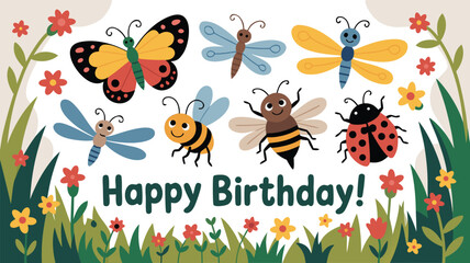 Obraz premium Happy Birthday Illustration Featuring Butterflies, Bees, Dragonflies, a Ladybug, Grass, and Flowers