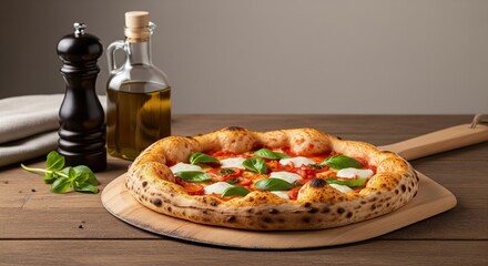 Delicious Neapolitan Margherita Pizza on Wooden Table