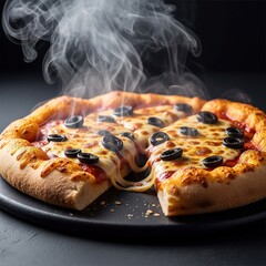 Hot Steaming Pizza with Black Olives and Melted Cheese