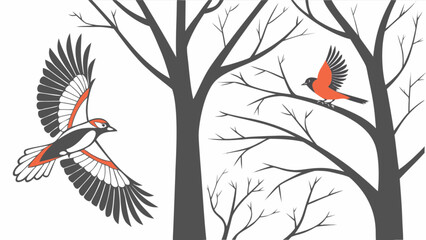 Birds in winter trees vector illustration with flying bird and perched bird on branch in forest scene