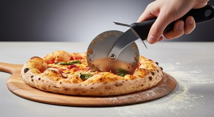 Cutting Freshly Baked Pizza with a Pizza Cutter on Wooden Board