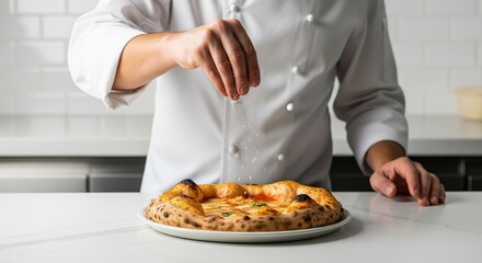 Chef Sprinkling Ingredients on Freshly Baked Neapolitan Pizza