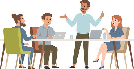 Man Explaining Project Details to Coworkers at Desk with Laptops in Modern Office