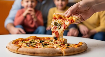 Hand Lifting Delicious Pizza Slice with Melted Cheese Stretch