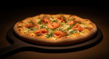 Gourmet smoked salmon and dill pizza on a black serving board