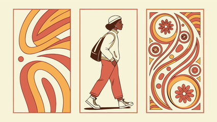 Retro art print set with woman walking and abstract floral patterns vintage style home decor illustration