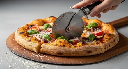 Freshly baked pizza being cut on a wooden peel