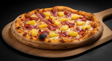 Hawaiian Pizza with Ham and Pineapple on Wooden Peel