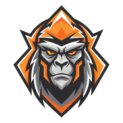 Strong gray gorilla face is framed with orange and black shapes, exuding a powerful presence