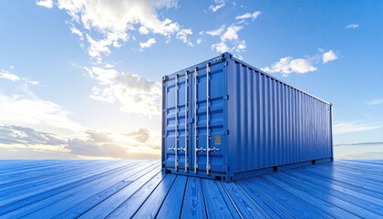 Obraz premium Blue shipping container on blue wooden deck, beautiful sky background
