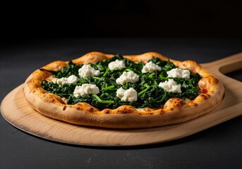 Spinach and ricotta cheese pizza on a wooden peel