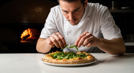 Chef Adding Arugula to Fresh Pizza from Wood-Fired Oven
