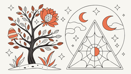 Boho nature illustration with tree, moon, stars, and sun design for wall art and home decor prints design