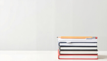 Stack of notebooks with pencil on white table against plain wall  