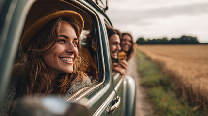Friends on a road trip enjoying a summer vacation in a vintage car.