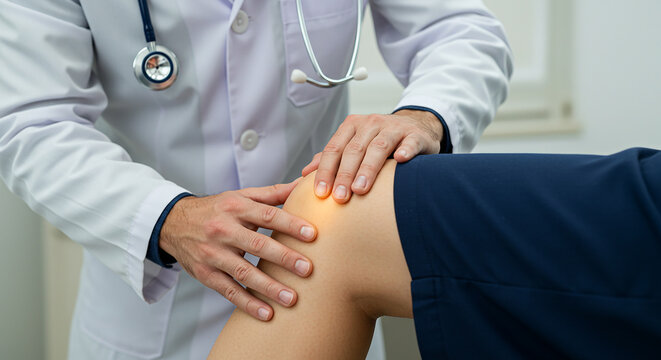 Doctor examining a patient s knee with a warm glow indicating pain or discomfort during a medical consultation or physical therapy session