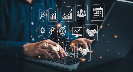 Focused digital strategy Hands poised over laptop navigating data icons aglow charting business growth in the soft light