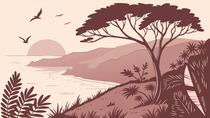 Coastal landscape vector illustration with sunset ocean view and tropical trees for graphic design projects