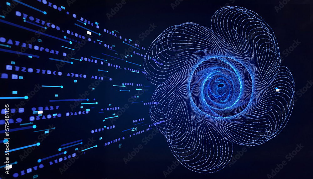Fototapete Abstract blue digital spiral with flowing binary data on dark background  