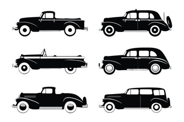 Vintage Car Collection: A collection of detailed black vintage cars, including a pickup truck, convertible, and sedan, showcase the elegance and timeless design of classic automobiles. 