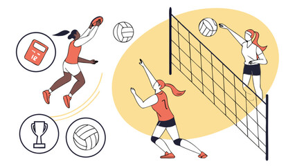 Volleyball players in action team sport game with net and ball for fitness and competitive play sport