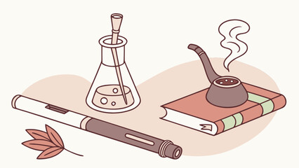 Illustration of science lab equipment, smoking pipe, vape pen and leaf for creative design work