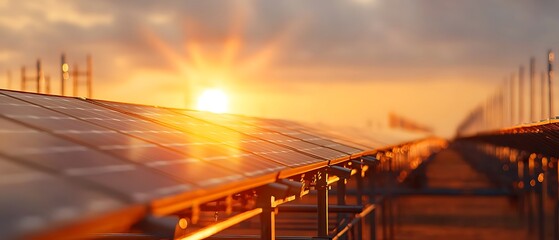 Obraz premium Solar Panels Capturing Sunlight at Sunrise in a Renewable Energy Field with Breathtaking Golden Rays