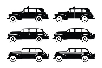 Classic Car Collection: Six vintage car silhouettes, showcasing diverse classic car body styles in a simple black and white design. Perfect for projects needing a retro or vintage feel.
