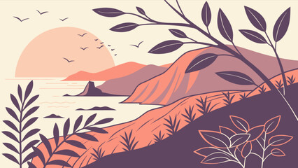 Beautiful landscape scenery with mountains and ocean view vector illustration for nature lovers art print