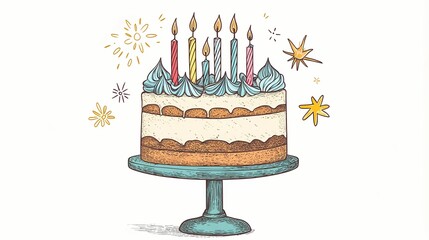Hand drawn illustration of a birthday cake with candles on a stand.