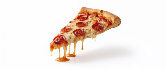 A slice of pepperoni pizza with melted cheese isolated on white background