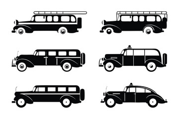 Vintage Car Silhouettes: A collection of classic vintage car silhouettes, meticulously crafted to showcase their elegant design, perfect for design projects or automotive enthusiasts.