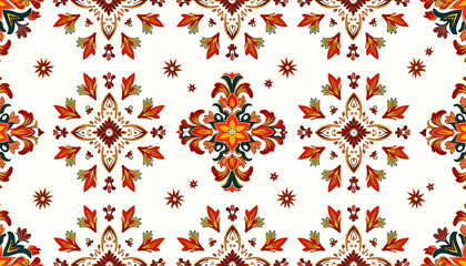 Ornamental floral pattern in red, orange, and green on white background  