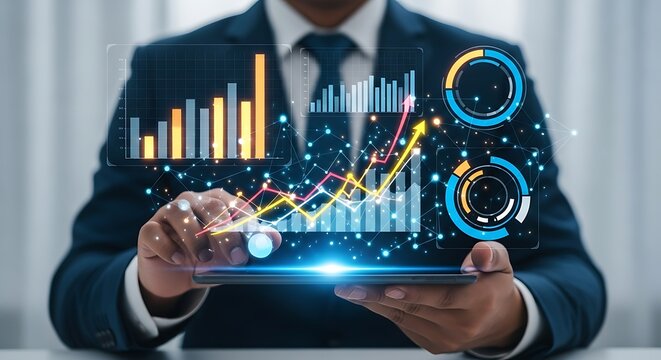 Crisp suit dark tie luminous graphs shimmer as warm orange and yellow data leaps from cool glass in hands future unfolds