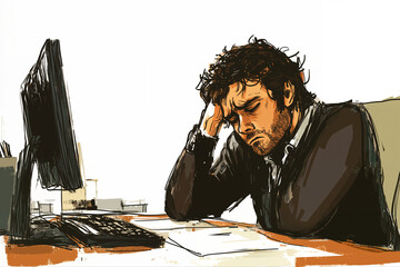 color sketch of a sad employee staying late and sad in the office, white background, art