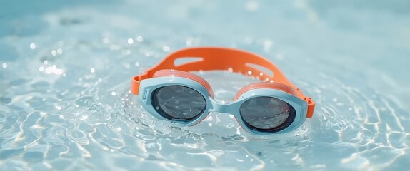 Orange and blue swimming goggles float on the waters surface