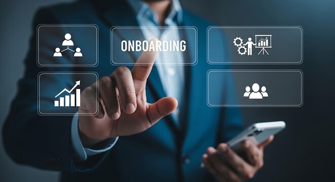 Crisp suited arm navigates sleek interface Finger touching digital onboarding team icons glow against dark backdrop Tech