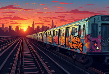 A subway train with graffiti on the tracks, in the background is a city, a metropolis at sunset.
