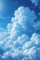 Fluffy white clouds fill the bright blue summer sky