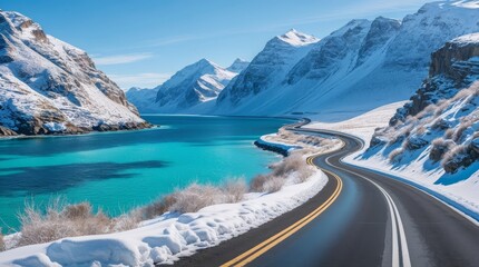 A winding road follows a turquoise lake in a snowy mountain landscape