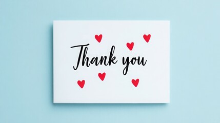 A white card with red hearts and the words "thank you" written in black