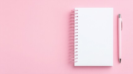 A white spiral notebook with a pink pen on a pink background