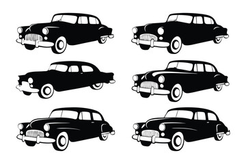 Vintage Car Silhouettes: A collection of vintage car silhouettes in sleek black, offering a classic aesthetic and timeless appeal. Perfect for design projects.