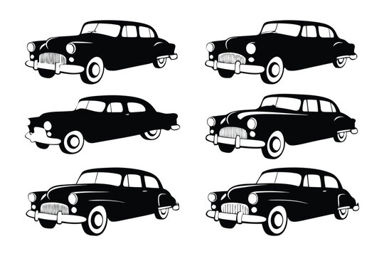 Vintage Car Silhouettes: A collection of vintage car silhouettes in sleek black, offering a classic aesthetic and timeless appeal. Perfect for design projects.