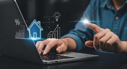 Gleaming laptop showcasing a vibrant digital house with a smart home concept innovative tech and rising graphs under