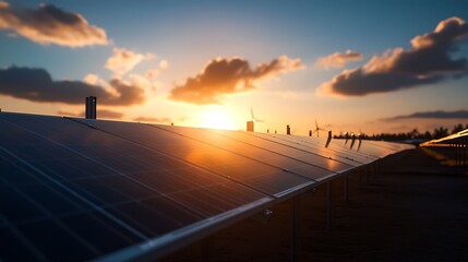 Solar Panels Capturing Sunset Glow with Wind Turbines in Background Against Vibrant Orange and Blue Sky