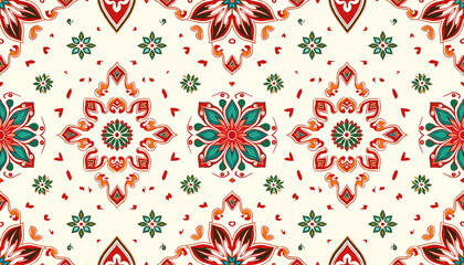 Obraz premium Colorful floral pattern with red and green on cream background 