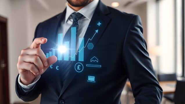 A businessman in a suit interacts with a glowing financial graph, indicating growth.