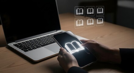 Luminous book glows on a sleek phone held over warm wood next to a cool laptop under soft digital library a modern